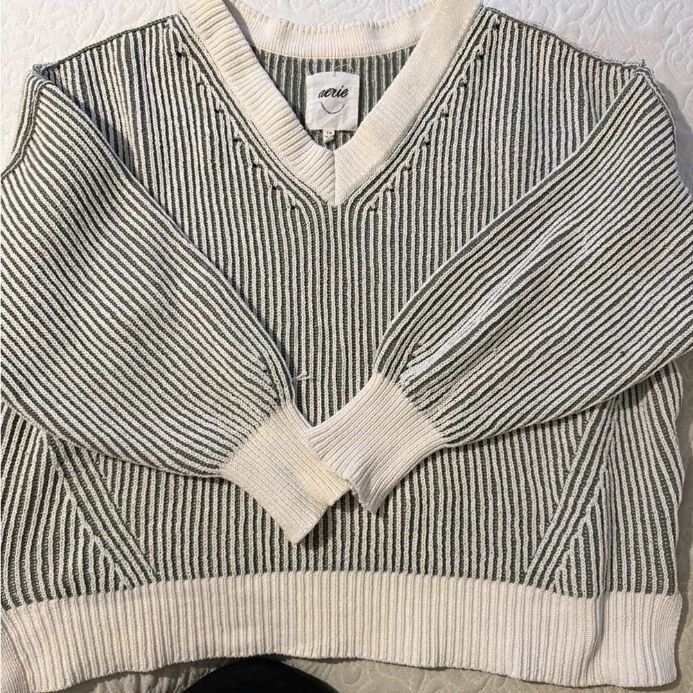 aerie Ivory and green Striped V-Neck Pullover